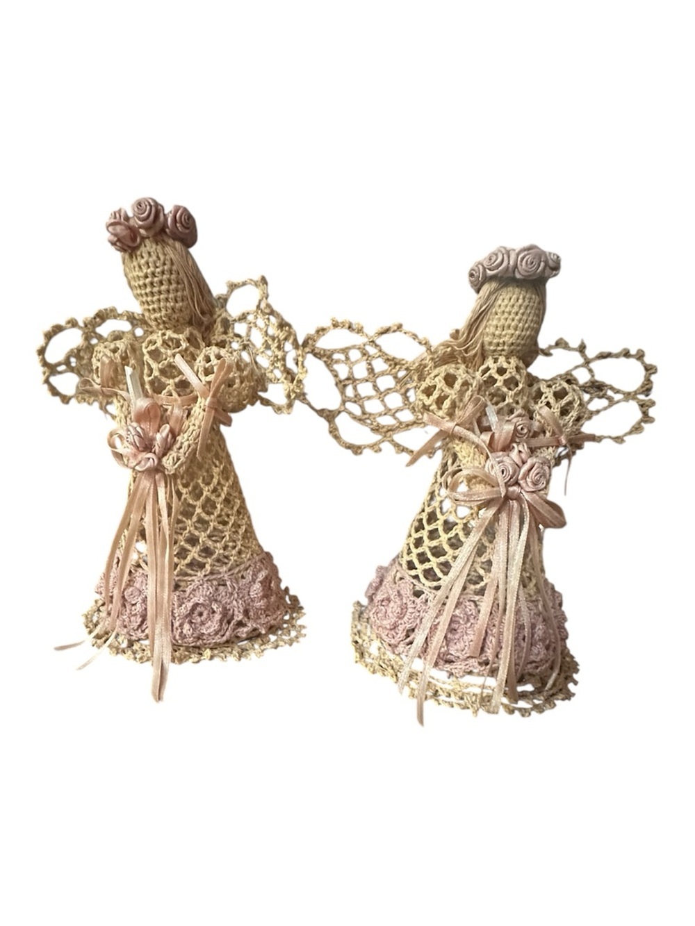Handmade Crochet Angel Decorations in Beige and Dusty Pink